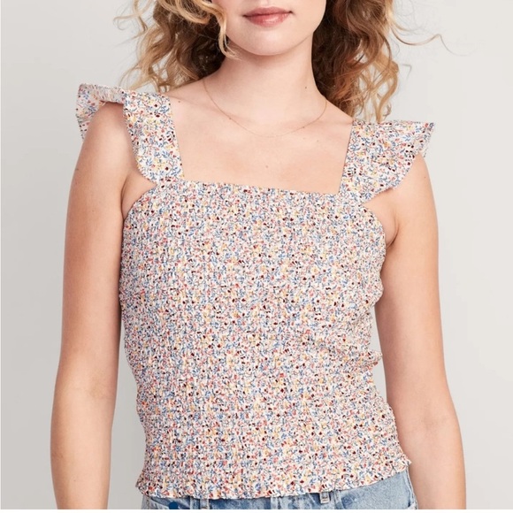 NWT Old Navy Smocked Fitted Ruffle Trim Pink Ditsy Floral Top Womens size XL - Picture 2 of 14